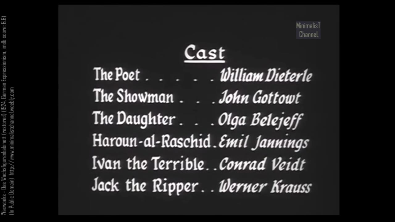Waxworks - Das Wachsfigurenkabinett (restored) (1924, German Expressionism, imdb score: 6.6)