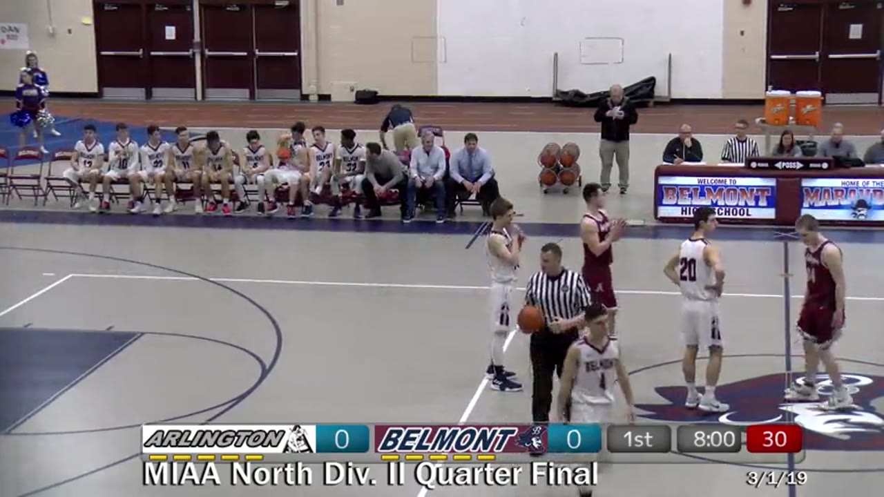 BHS Varsity Boys Basketball:Marauders vs Arlington 03/01/19 MIAA North Division 2 Quarter Final