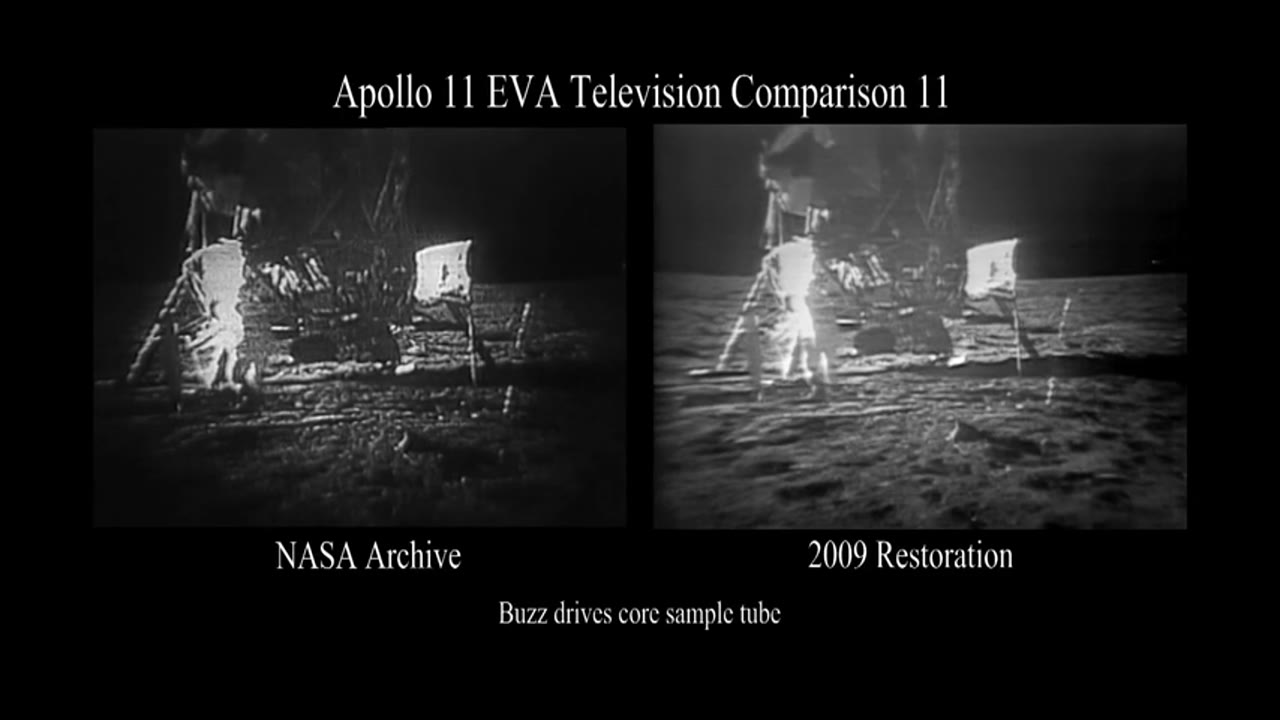 Restoration Comparison: Buzz Aldrin Hammering a Core Sample Tube into the Moon's Surface